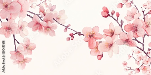 Pink cherry blossom branches with delicate flowers on a pale white background creating a serene and elegant greeting card design.