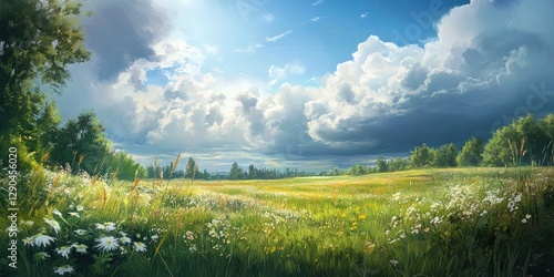 Lush meadow landscape with vibrant green grass and colorful wildflowers under dramatic cloud-filled sky in serene nature setting inviting exploration