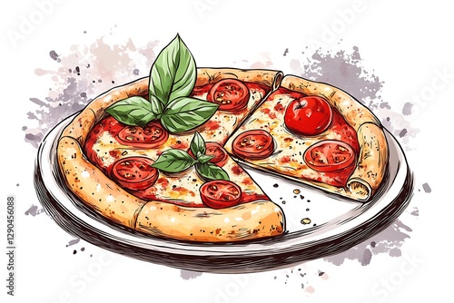 Pizza slice, illustration, plate, background splashes, food graphic