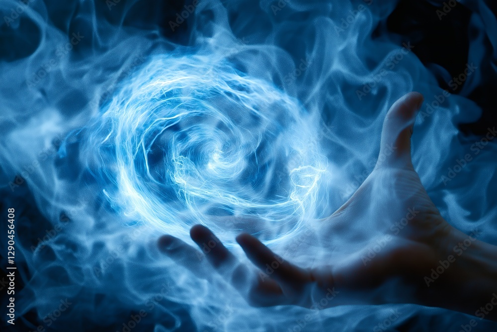 Obraz premium Hand creating magical blue energy swirl in dark mystical atmosphere