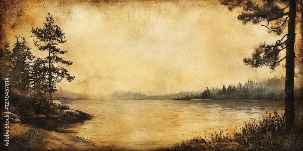 Fototapeta premium Scenic landscape backdrop featuring a hazy lake view with muted earth tones and soft textures, framed by pine trees on the left side.