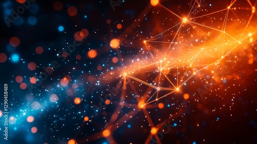 Abstract Network Orange and Blue Bokeh Lightscape,Connecting Nodes,Digital Art Network,Connection