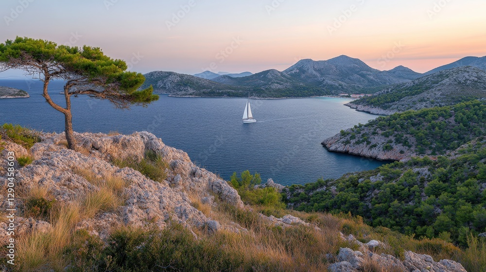 Obraz premium Sailboat on the Adriatic Sea at Dusk