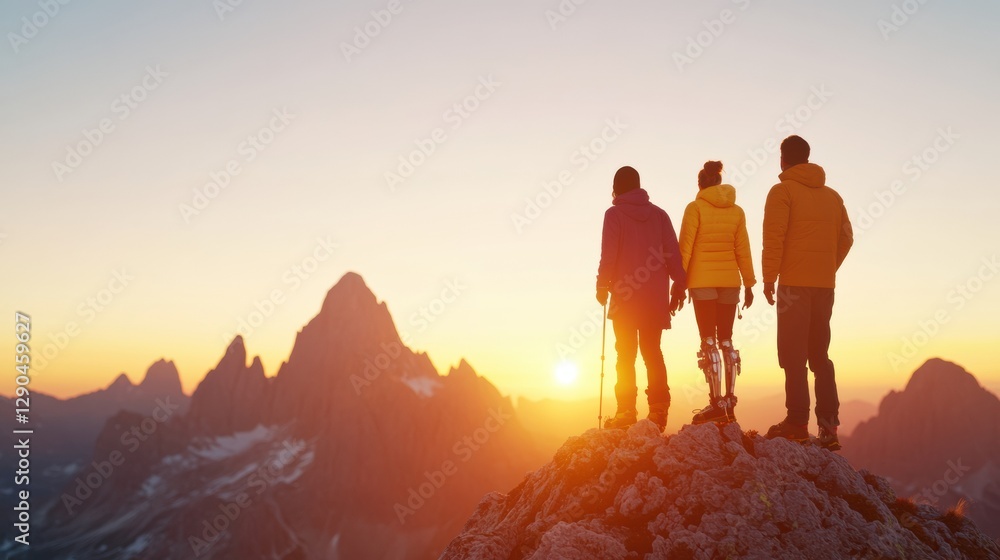Obraz premium Modern Adventure Unity Diverse Hikers in Vibrant Gear on Dolomites Peak at Sunrise - Stock Imagery for Travel Marketing and Outdoor Lifestyle Branding