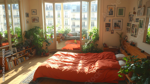Sunny Parisian apartment bedroom with plants and orange bedding