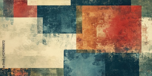 Vintage abstract textured background with layered squares in muted tones of red, blue, cream, and brown, offering ample copy space for design use.