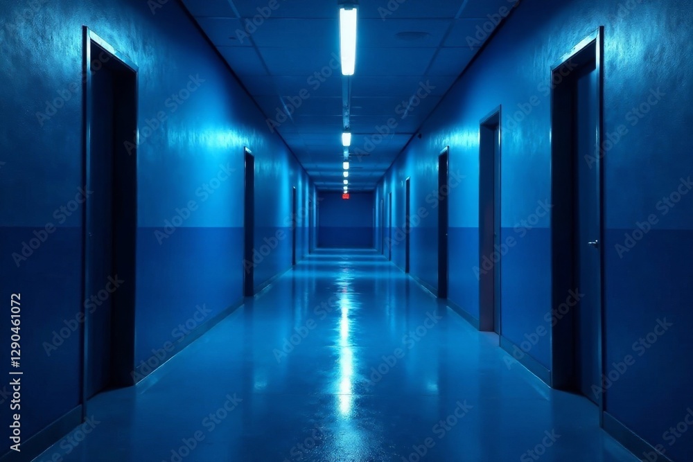 Long blue hallway, single light source on ground, geometric, room Long blue hallway, single light source on ground, geometric, room