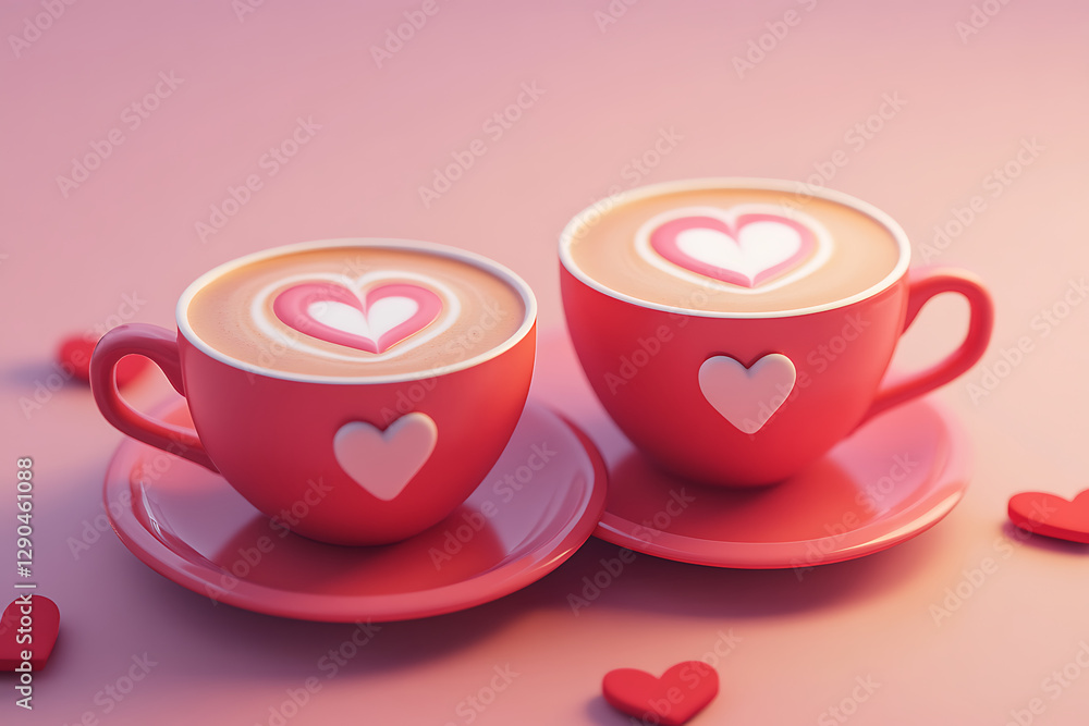 Two pink heart-themed coffee cups with saucers and small heart decorations. Two pink heart-themed coffee cups with saucers and small heart decorations.