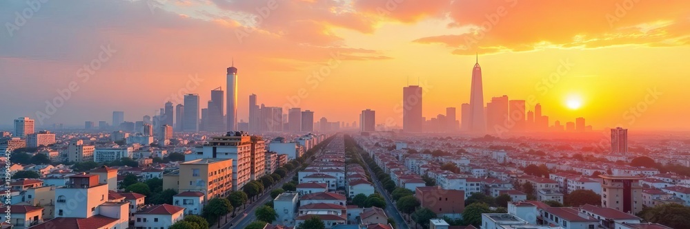 Fototapeta premium Orange & white buildings dominate cityscape skyline, reflection, visual