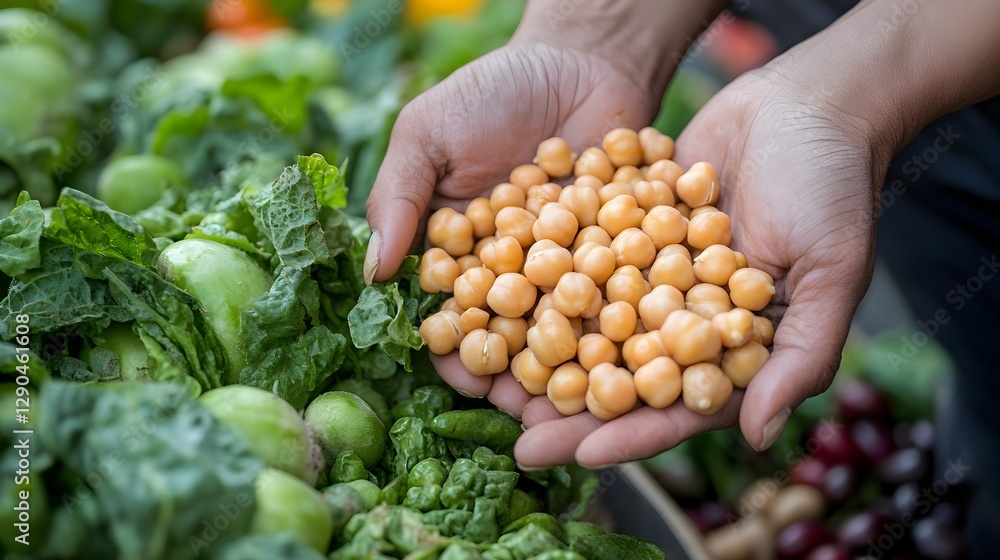 Freshly Harvested Organic Chickpeas Held in Hands with Green Vegetables in Background Freshly Harvested Organic Chickpeas Held in Hands with Green Vegetables in Background