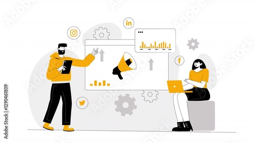 Flat-style scene animation illustrating the creation and execution of marketing strategies, with characters working on campaigns, tracking performance, and optimizing tactics for better results.