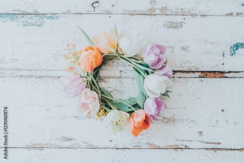 Floral wreath of vibrant tulips on rustic white wood background