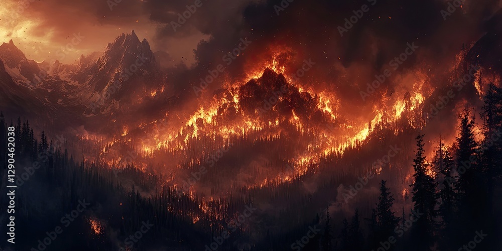 Naklejka premium Dramatic forest wildfire with blazing orange flames engulfing mountains under a dark smoky sky with silhouettes of tall trees in the foreground.