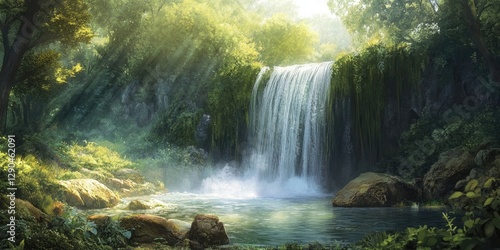 Serene waterfall cascading into a crystal-clear pool surrounded by lush greenery and sunlit foliage creating a tranquil natural oasis.