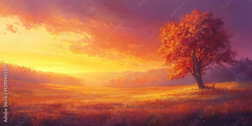 Obraz premium Vibrant sunset landscape featuring a solitary autumn tree in warm orange hues against a purple sky with soft golden rays illuminating the field.