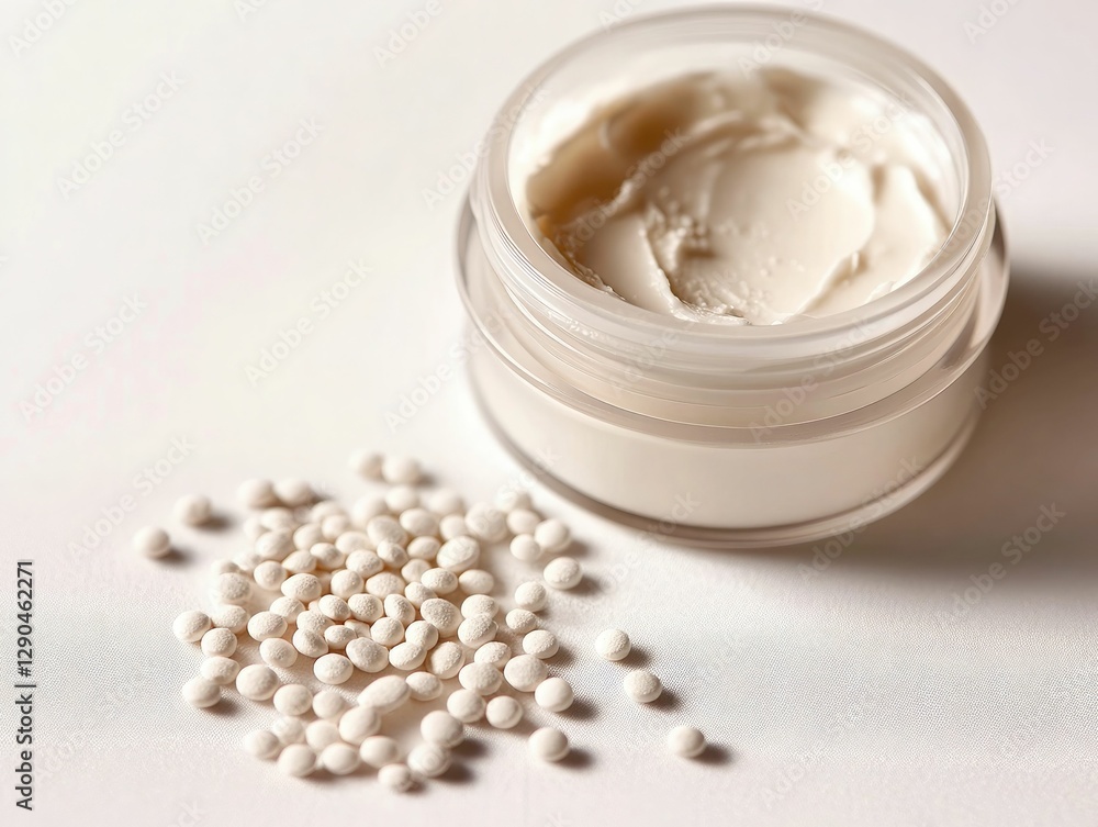Open jar of cream with smooth urea granules, soft neutral background Open jar of cream with smooth urea granules, soft neutral background