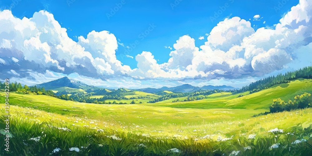 Fototapeta premium Serene panorama of a lush green field under a bright blue sky with fluffy white clouds showcasing the vibrant beauty of nature's landscape