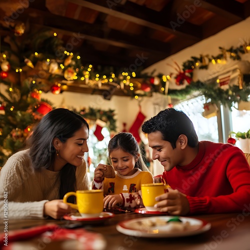 there are two adults and a child sitting at a table with a plate of cookies