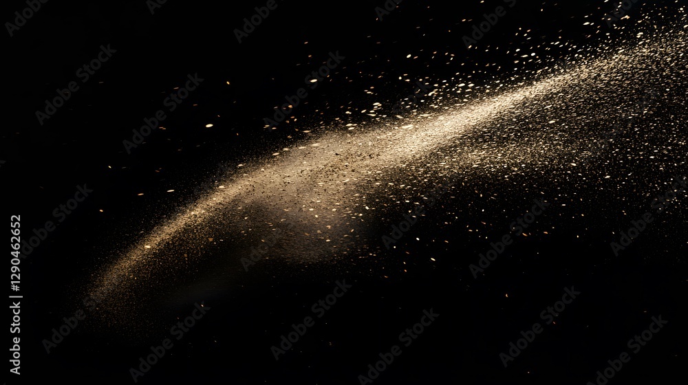 The fine particles of golden dust disperse across a dark background The fine particles of golden dust disperse across a dark background