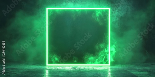 Vibrant green neon square picture frame glowing against a dark smoky background with mist drifting around the edges creating a magical atmosphere