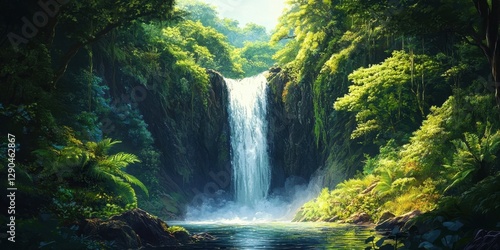 Lush green forest surrounds a majestic waterfall cascading into a tranquil pool creating a serene atmosphere with vibrant foliage in sunlight