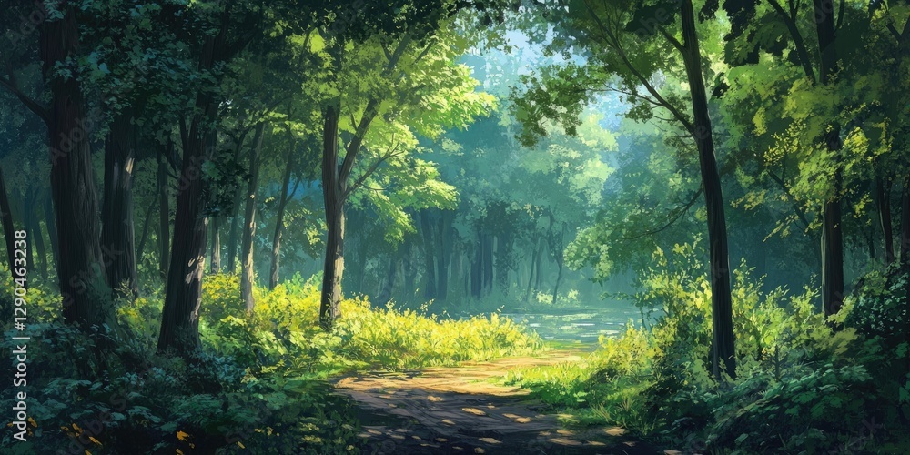 Obraz premium Lush green forest scenery with sunlight filtering through vibrant foliage illuminating a serene pathway surrounded by verdant undergrowth.
