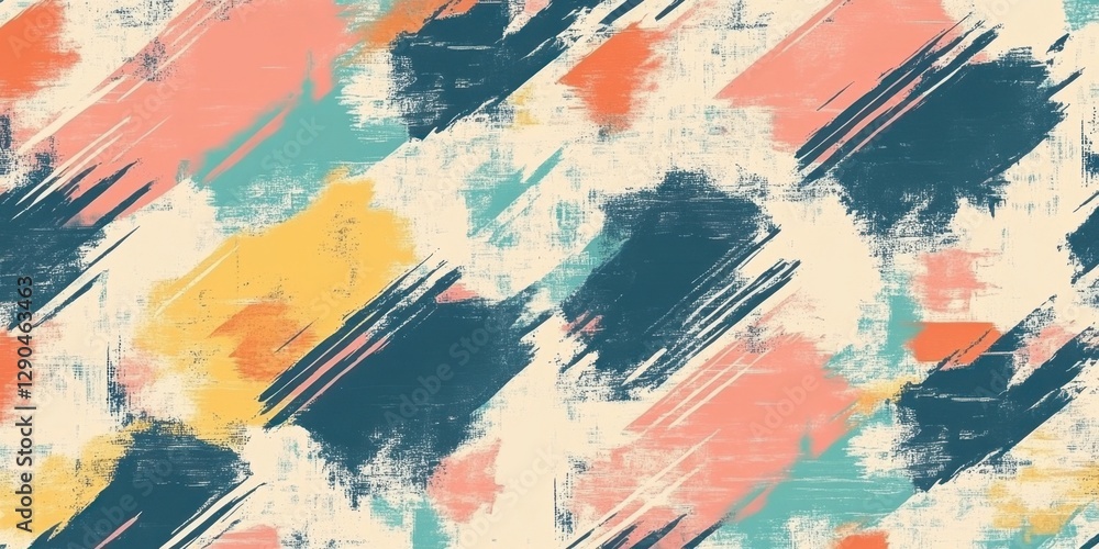 Fototapeta premium Abstract seamless pattern in hues of teal, coral, and mustard featuring bold brush strokes on a light beige background ideal for modern design applications.