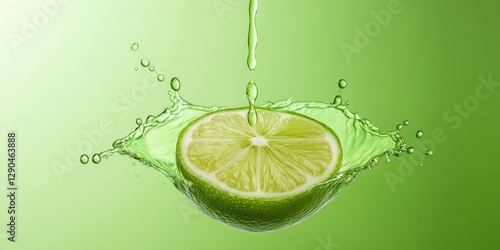 Fresh lime slice splashing vibrant juice droplets against a bright green background symbolizing refreshment and zestful flavor in a dynamic composition