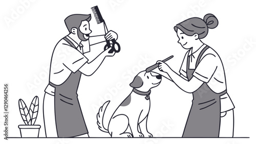 Pet groomer working in saloon using scissors to cut little maltese's hair