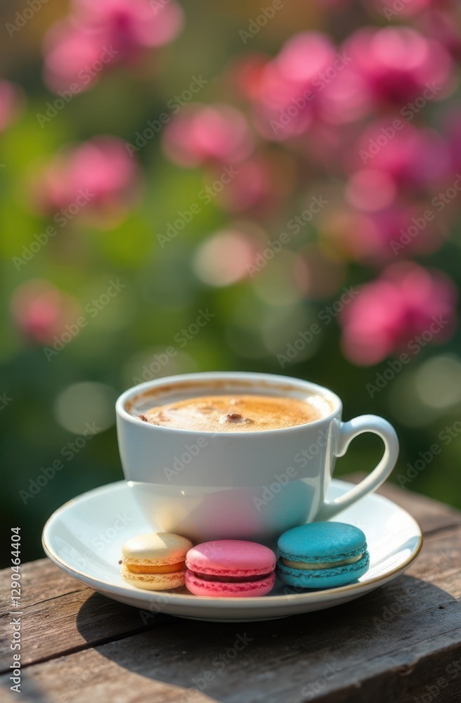 Cup of coffee with macarons in blooming garden Cup of coffee with macarons in blooming garden