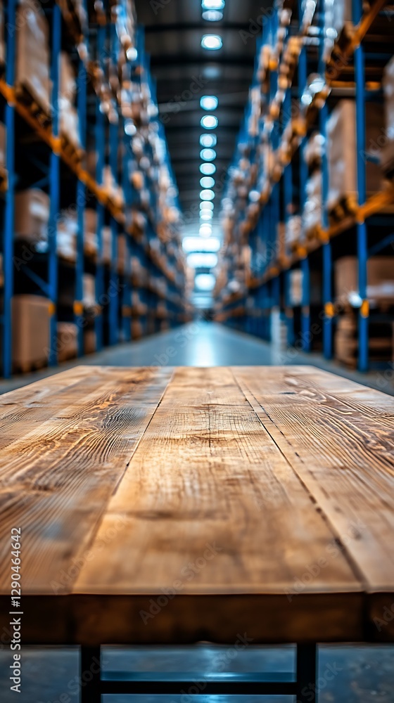 Wooden Table in a Warehouse with Racks and Boxes Wooden Table in a Warehouse with Racks and Boxes