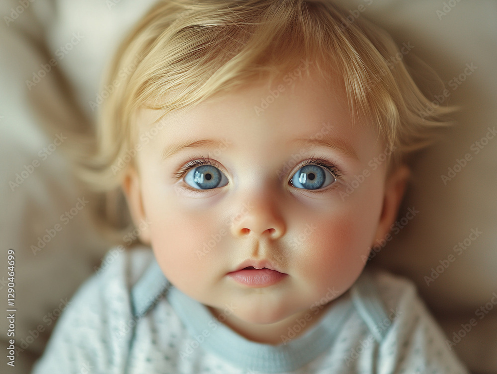 Curious baby with bright blue eyes gazes upward Curious baby with bright blue eyes gazes upward