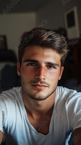 Portrait of a young man with light brown hair posing indoors, wearing a white t-shirt, with a relaxed expression.