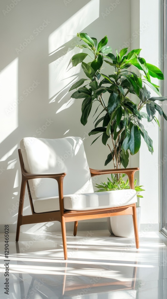 Fototapeta premium Modern Minimalist Interior Design with a Stylish Chair and Plant