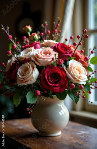 Bouquet of red and peach roses sitting on table by window light