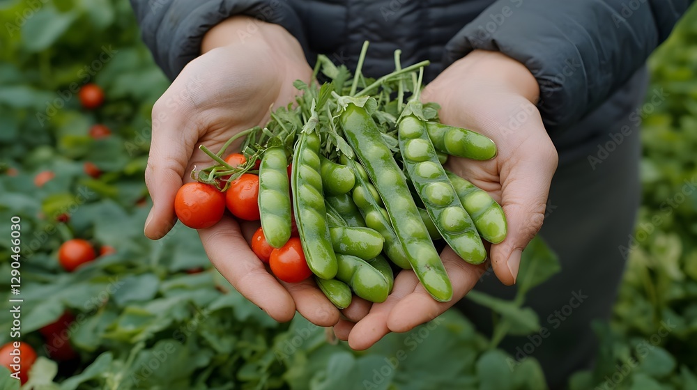Freshly Harvested Organic Peas and Cherry Tomatoes in Hands Farm to Table Agriculture Freshly Harvested Organic Peas and Cherry Tomatoes in Hands Farm to Table Agriculture