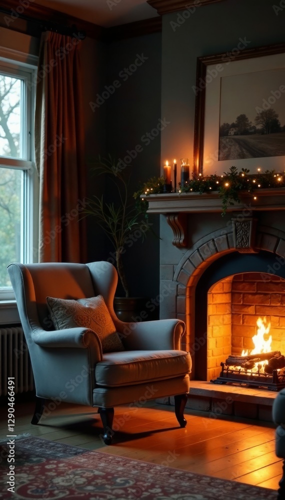 Fototapeta premium Cozy living room fireplace armchair, warm light, relaxation, home, warmth