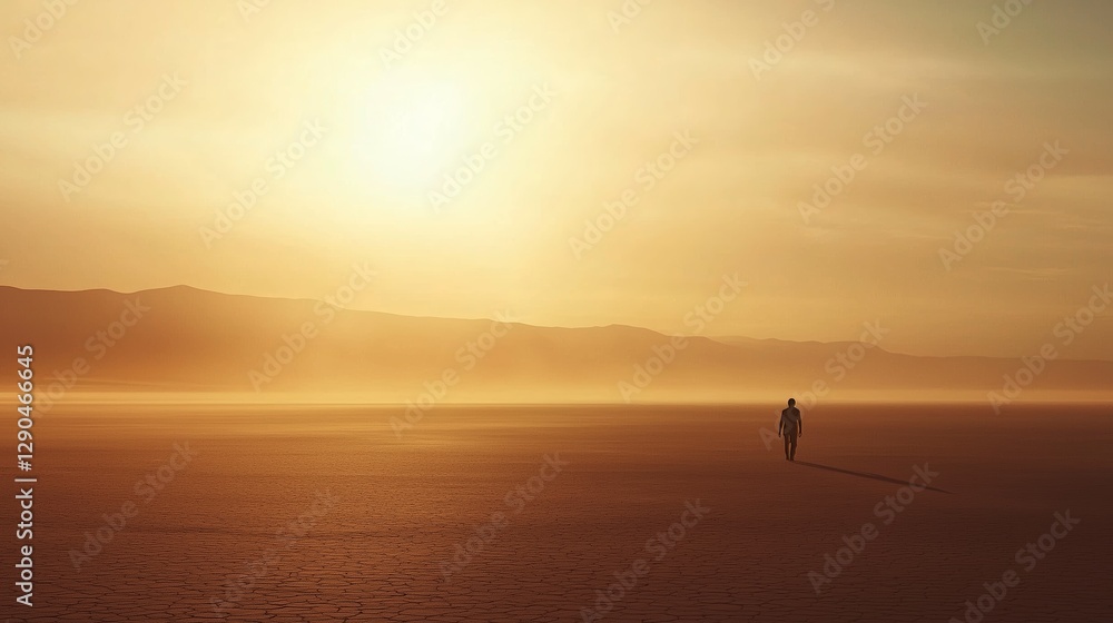 A lone figure traverses a vast, sunlit desert under a golden sky, evoking themes of solitude and introspection. A lone figure traverses a vast, sunlit desert under a golden sky, evoking themes of solitude and introspection.