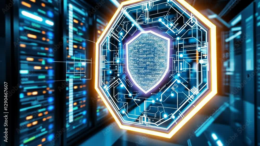 Futuristic data center with moving digital shield in neon cybersecurity environment