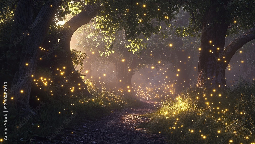 Naklejka premium Magic Firefly Path in Enchanted Forest