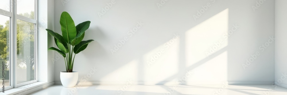 White wall, large green plant in corner Bright, spacious lobby , design, fresh White wall, large green plant in corner Bright, spacious lobby , design, fresh
