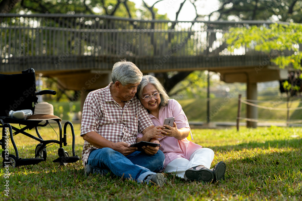 Happy senior couple using smartphone in public park Happy senior couple using smartphone in public park
