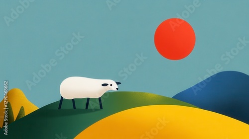 Pixel Art Sheep on Hilltop at Sunset