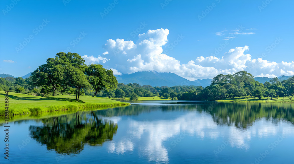 Serene lake reflecting mountains, green golf course, sunny day, travel brochure Serene lake reflecting mountains, green golf course, sunny day, travel brochure
