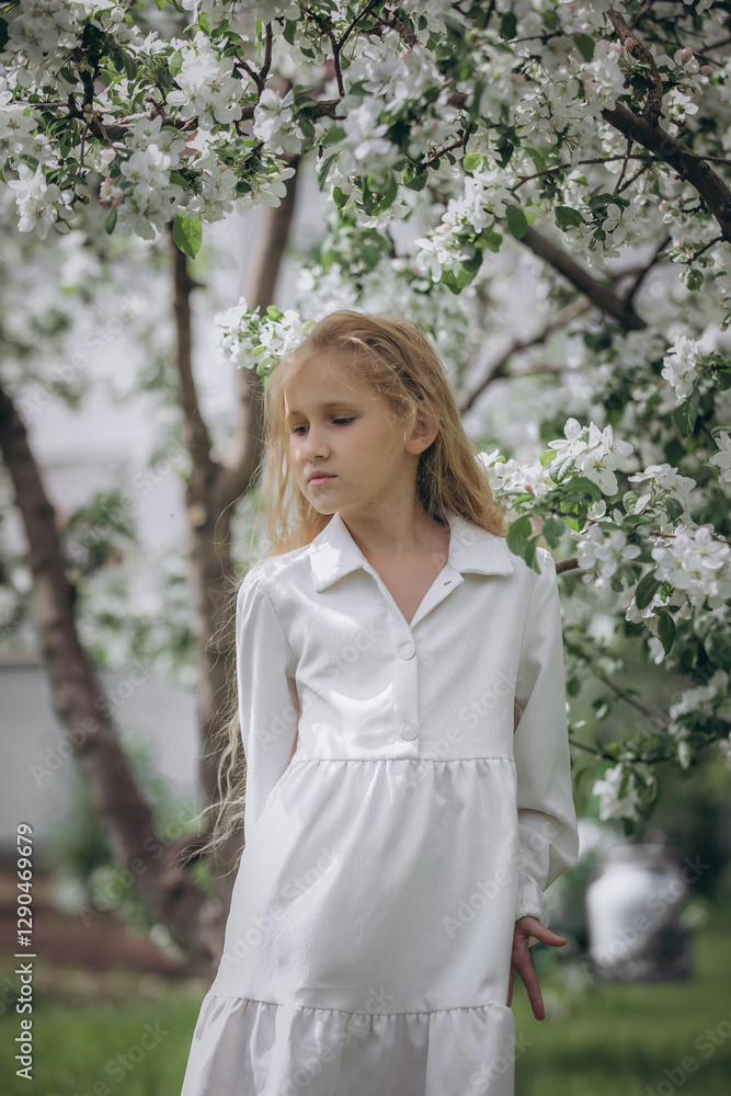 A sweet beautiful child girl against the background of blooming apple trees in the garden A sweet beautiful child girl against the background of blooming apple trees in the garden