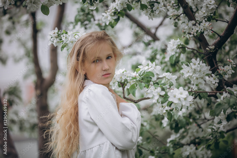 A sweet beautiful child girl against the background of blooming apple trees in the garden A sweet beautiful child girl against the background of blooming apple trees in the garden