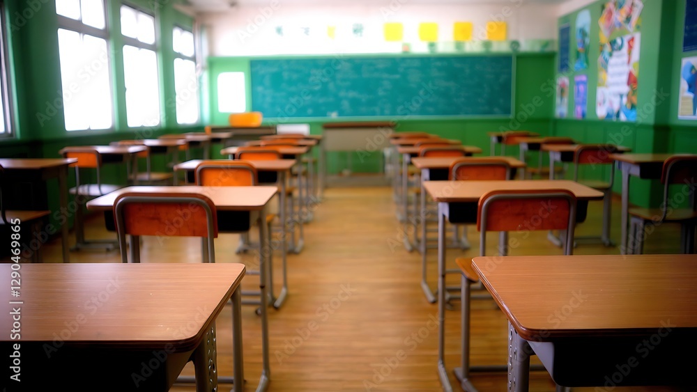 Empty Classroom with Natural Light and Green Chalkboard Empty Classroom with Natural Light and Green Chalkboard
