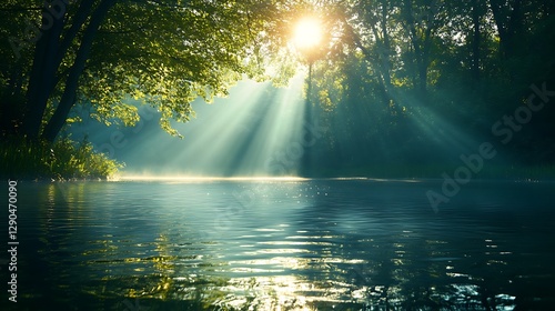 Wallpaper Mural Sunlight filtering through trees onto a reflective body of water Torontodigital.ca