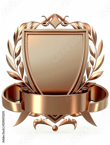 A stylized bronze shield featuring ornate laurel leaves and a ribbon banner on a white background, evoking a regal, award-like design.