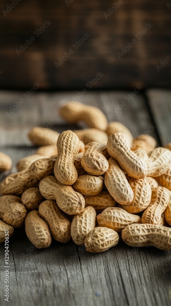 A Pile of Golden Peanuts on Rustic Wooden Table A Pile of Golden Peanuts on Rustic Wooden Table